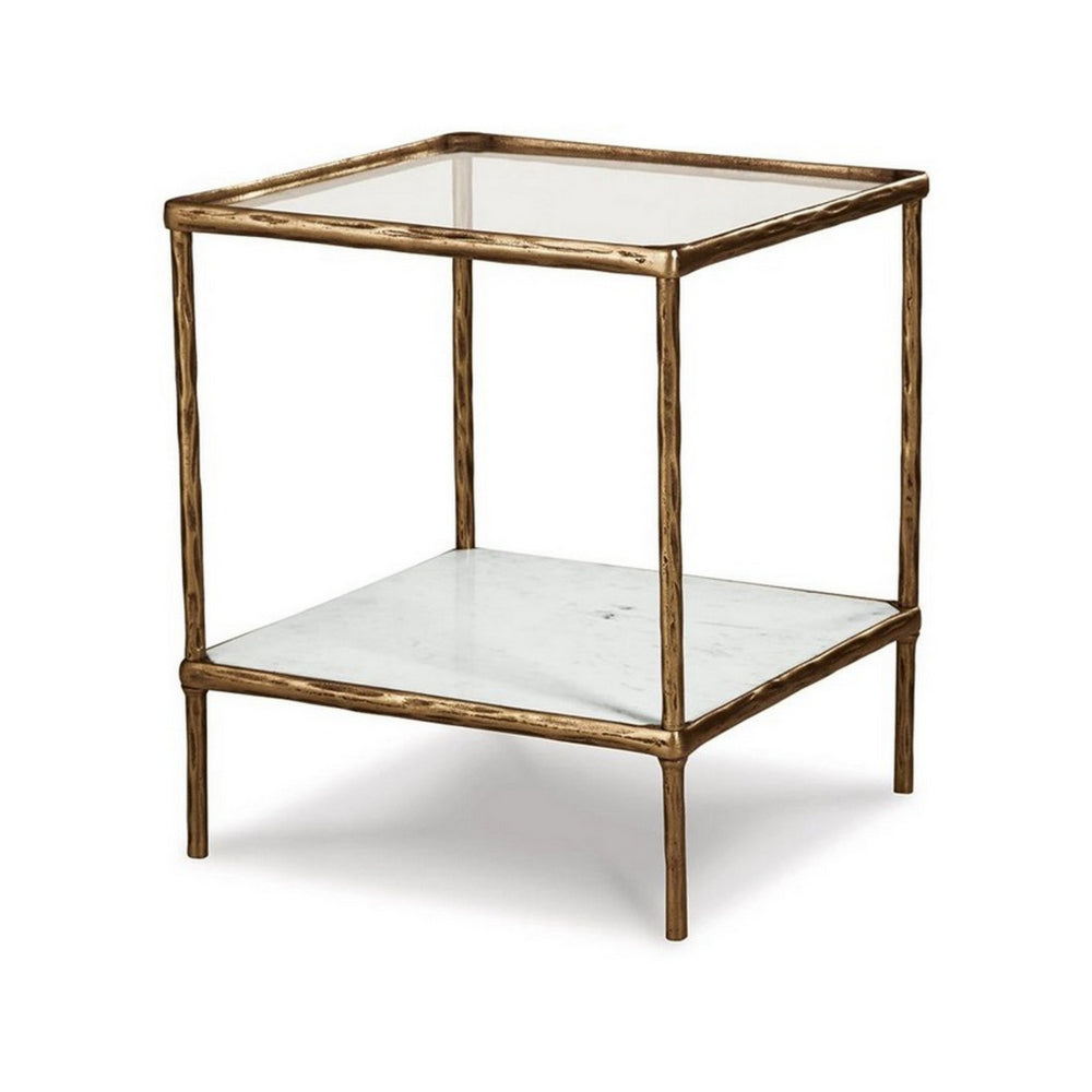 Benjara Dalie 25 Inch Accent Table, Square Glass Tabletop, Marble, Antique Gold
