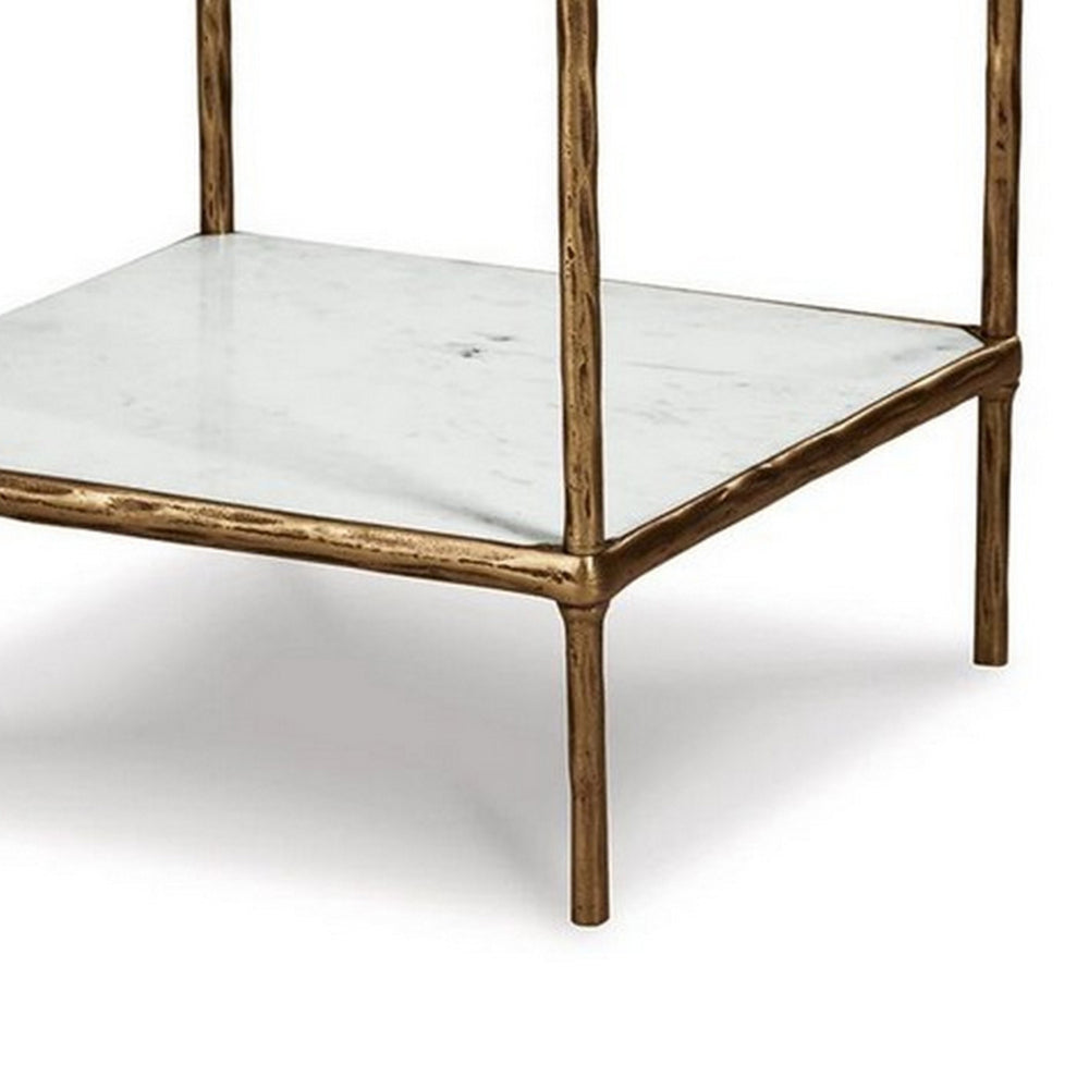 Benjara Dalie 25 Inch Accent Table, Square Glass Tabletop, Marble, Antique Gold