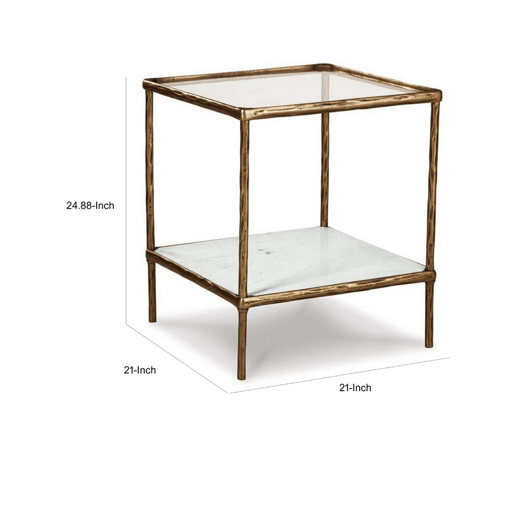 Benjara Dalie 25 Inch Accent Table, Square Glass Tabletop, Marble, Antique Gold