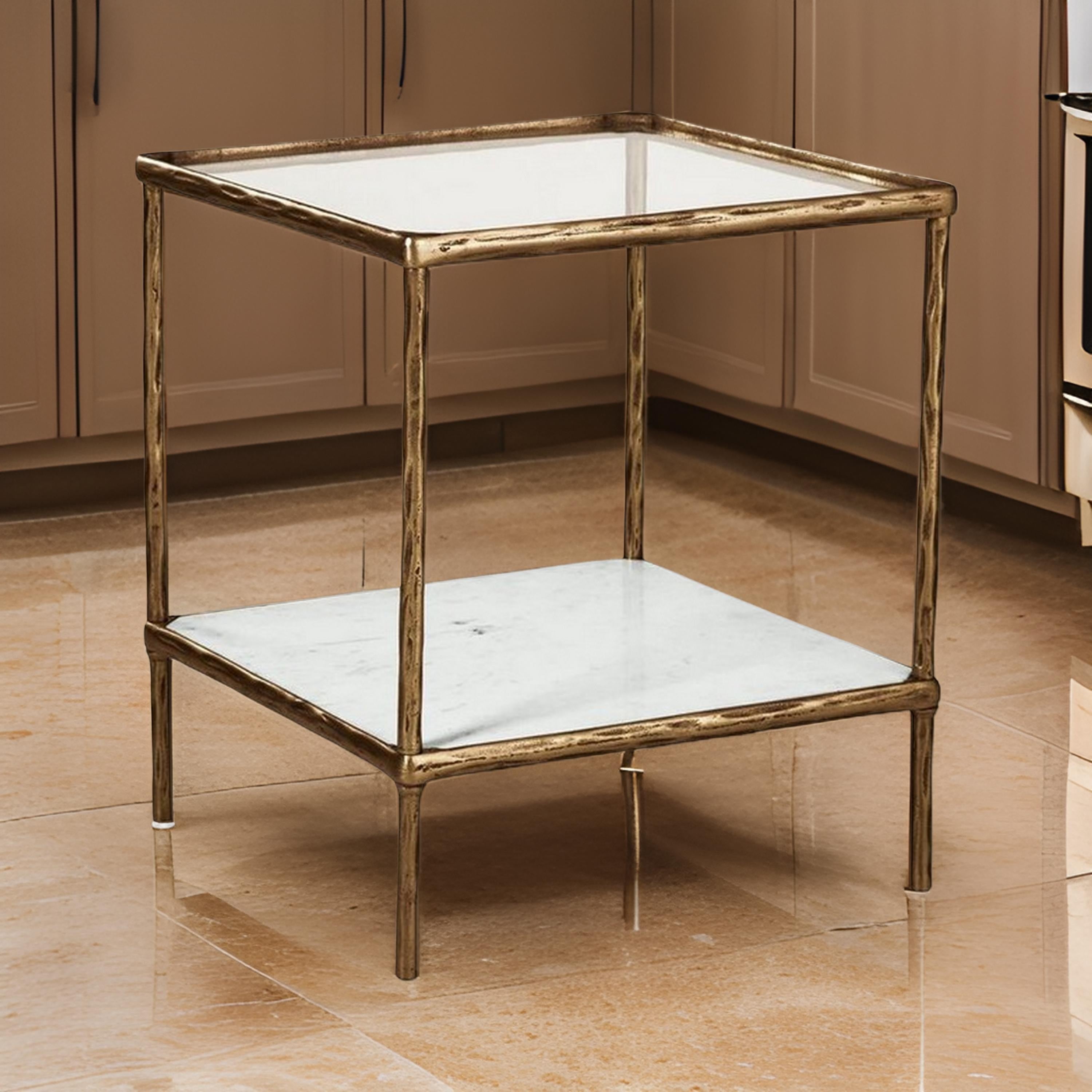 Benjara Dalie 25 Inch Accent Table, Square Glass Tabletop, Marble, Antique Gold