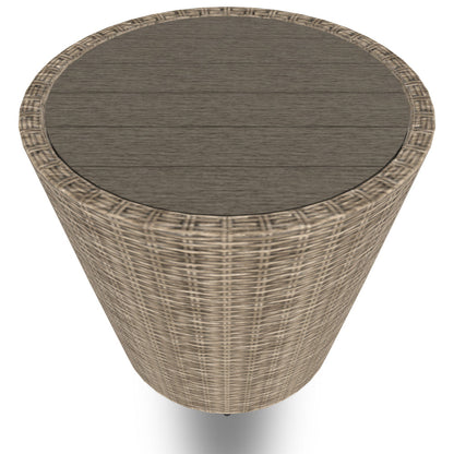 Benjara 22 Inch Outdoor End Table, Round Shape, Handwoven Resin Wicker, Beige Brown