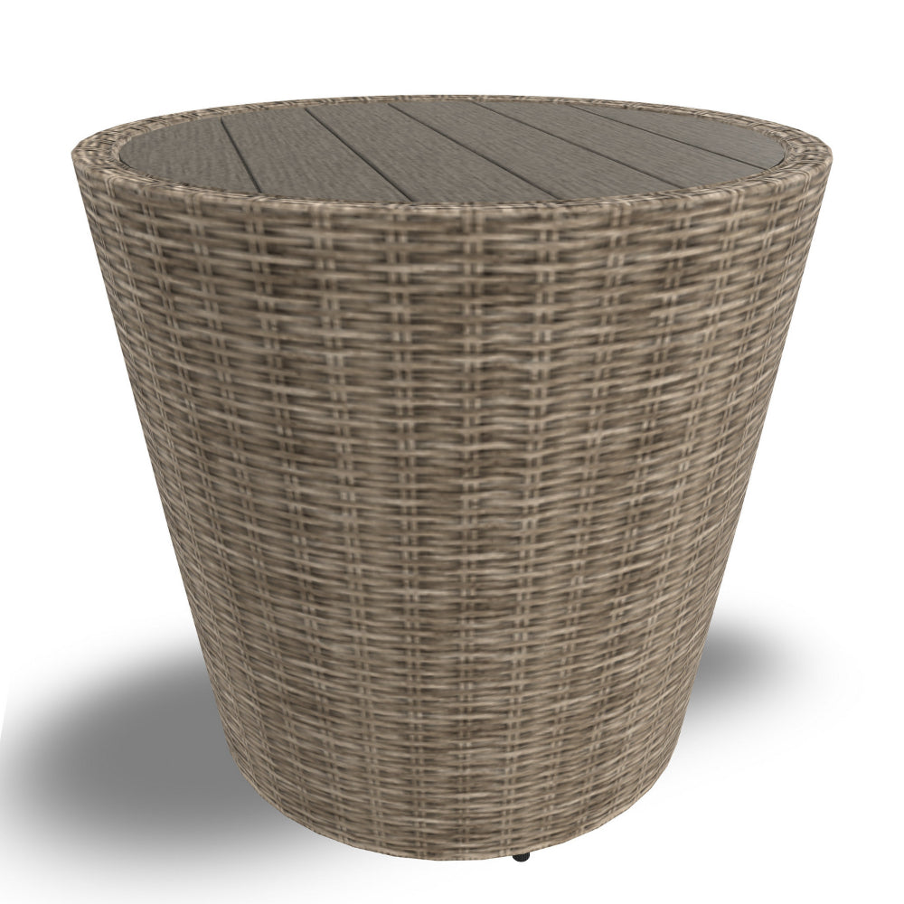 Benjara 22 Inch Outdoor End Table, Round Shape, Handwoven Resin Wicker, Beige Brown