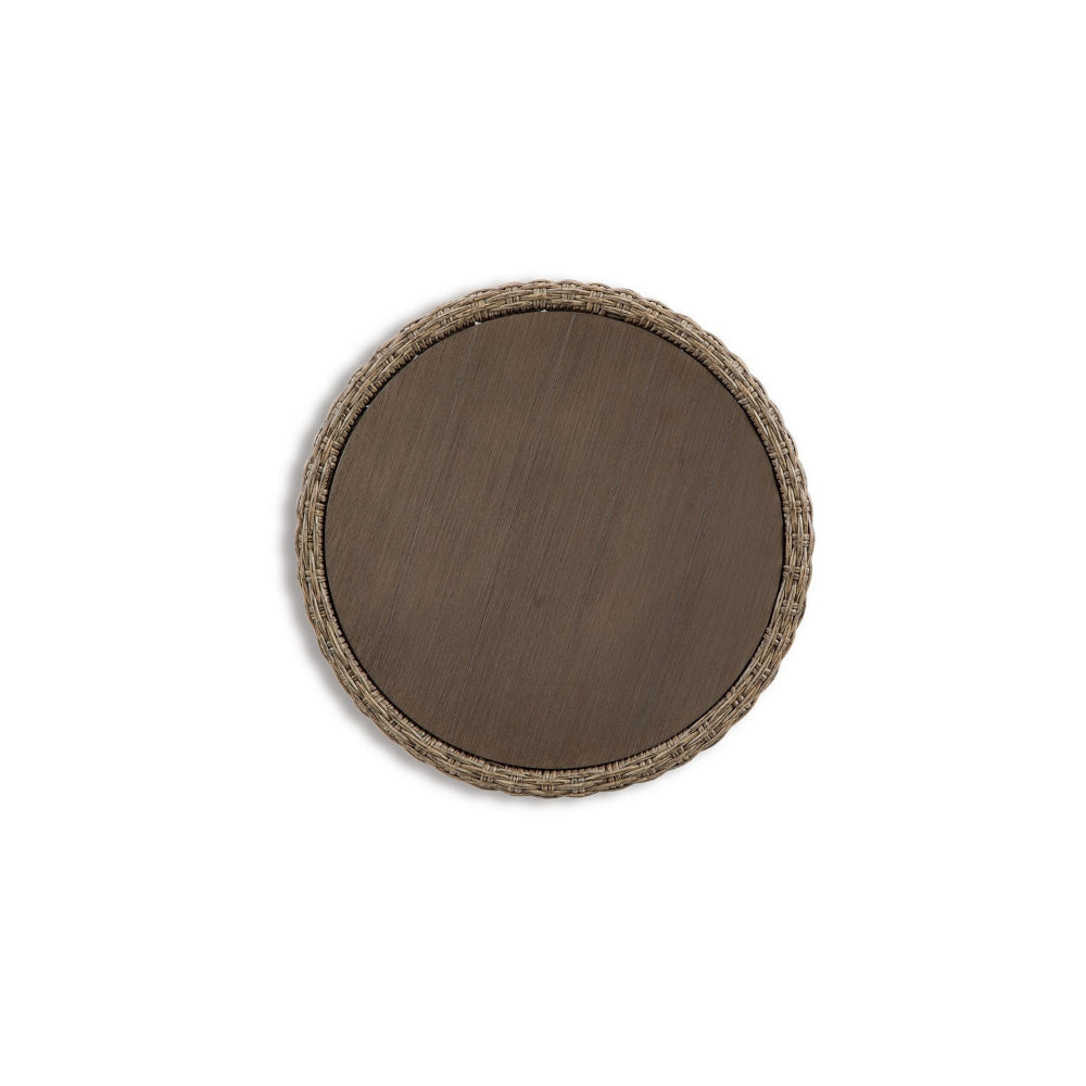 Benjara 22 Inch Outdoor End Table, Round Shape, Handwoven Resin Wicker, Beige Brown