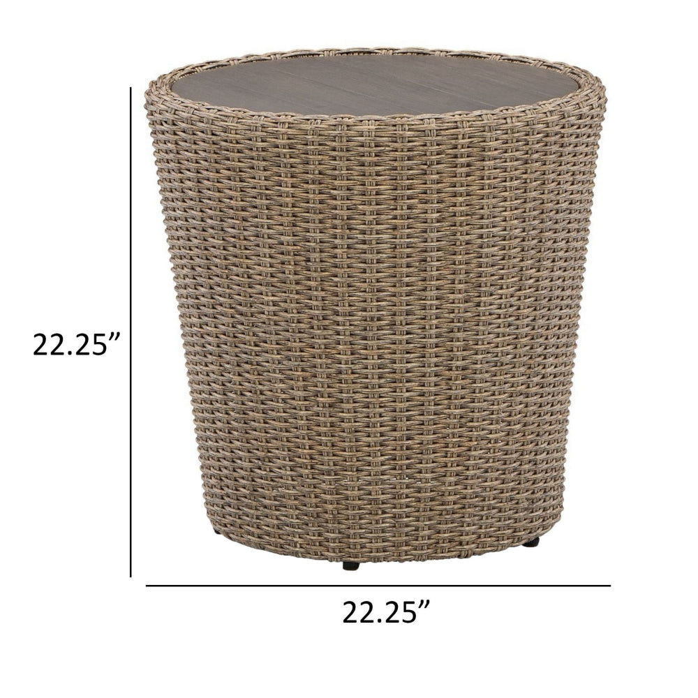 Benjara 22 Inch Outdoor End Table, Round Shape, Handwoven Resin Wicker, Beige Brown