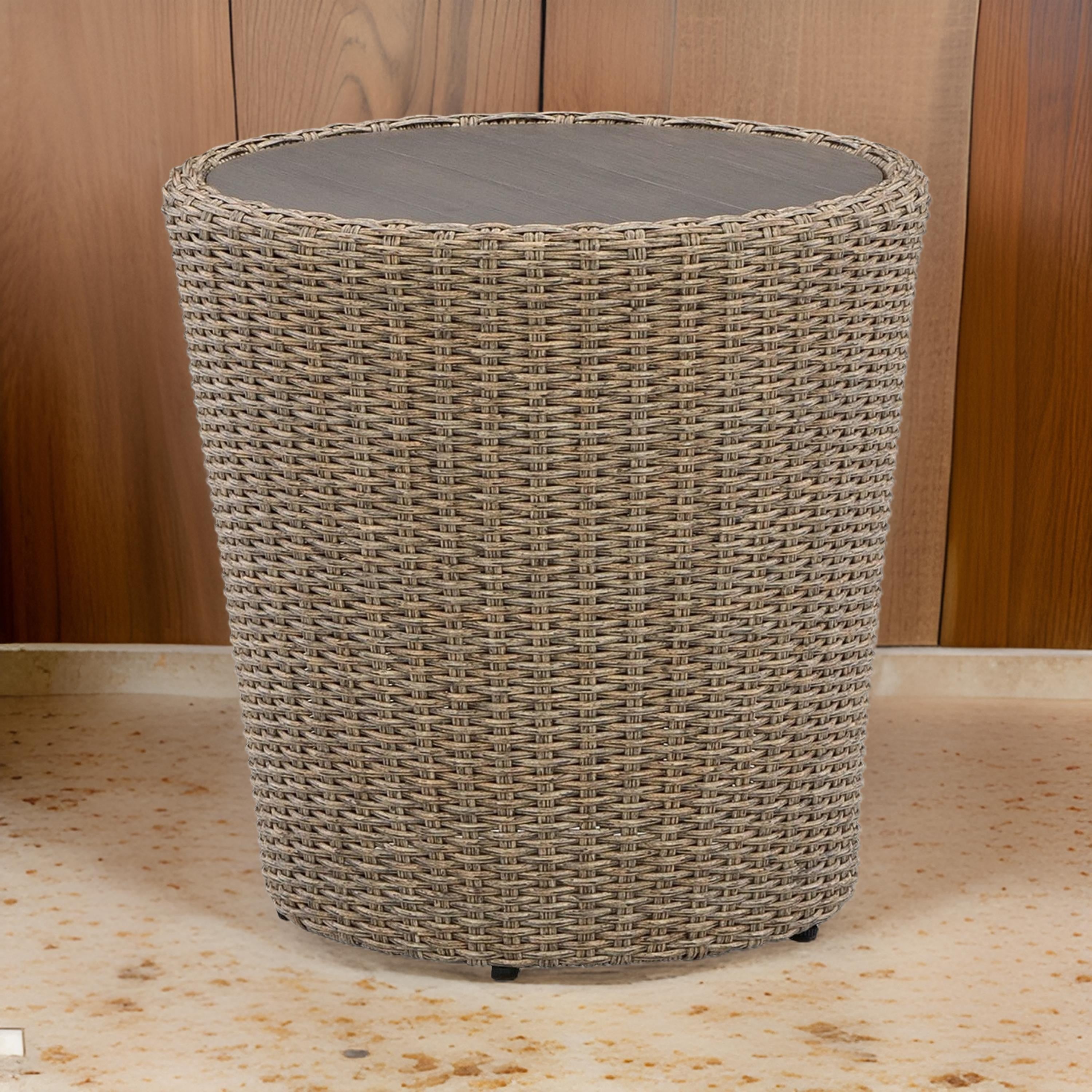 Benjara 22 Inch Outdoor End Table, Round Shape, Handwoven Resin Wicker, Beige Brown