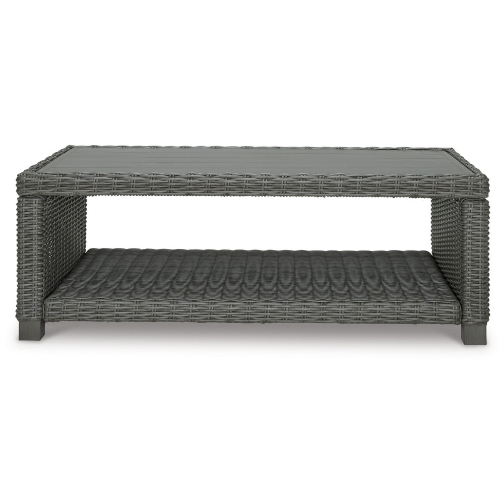 Benjara Ellie 50 Inch Outdoor Coffee Table, Lower Shelf, Gray Resin Wicker, Metal