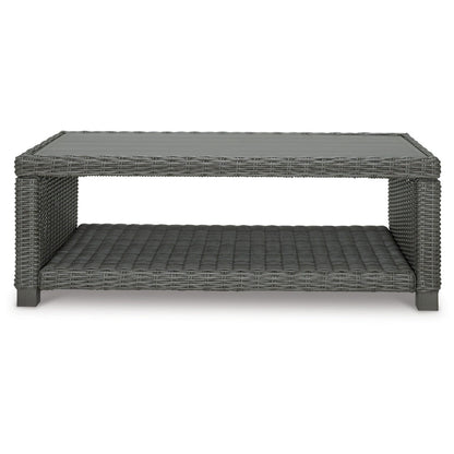 Benjara Ellie 50 Inch Outdoor Coffee Table, Lower Shelf, Gray Resin Wicker, Metal