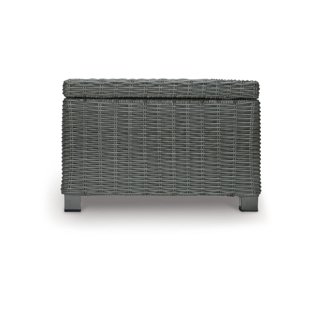 Benjara Ellie 50 Inch Outdoor Coffee Table, Lower Shelf, Gray Resin Wicker, Metal