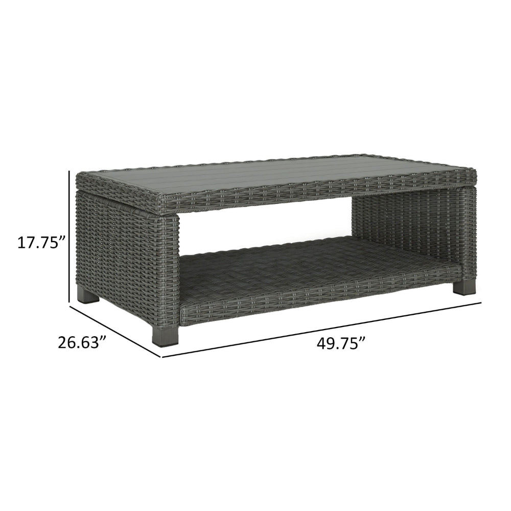 Benjara Ellie 50 Inch Outdoor Coffee Table, Lower Shelf, Gray Resin Wicker, Metal