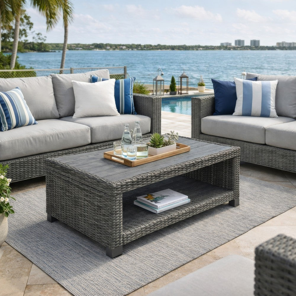 Benjara Ellie 50 Inch Outdoor Coffee Table, Lower Shelf, Gray Resin Wicker, Metal