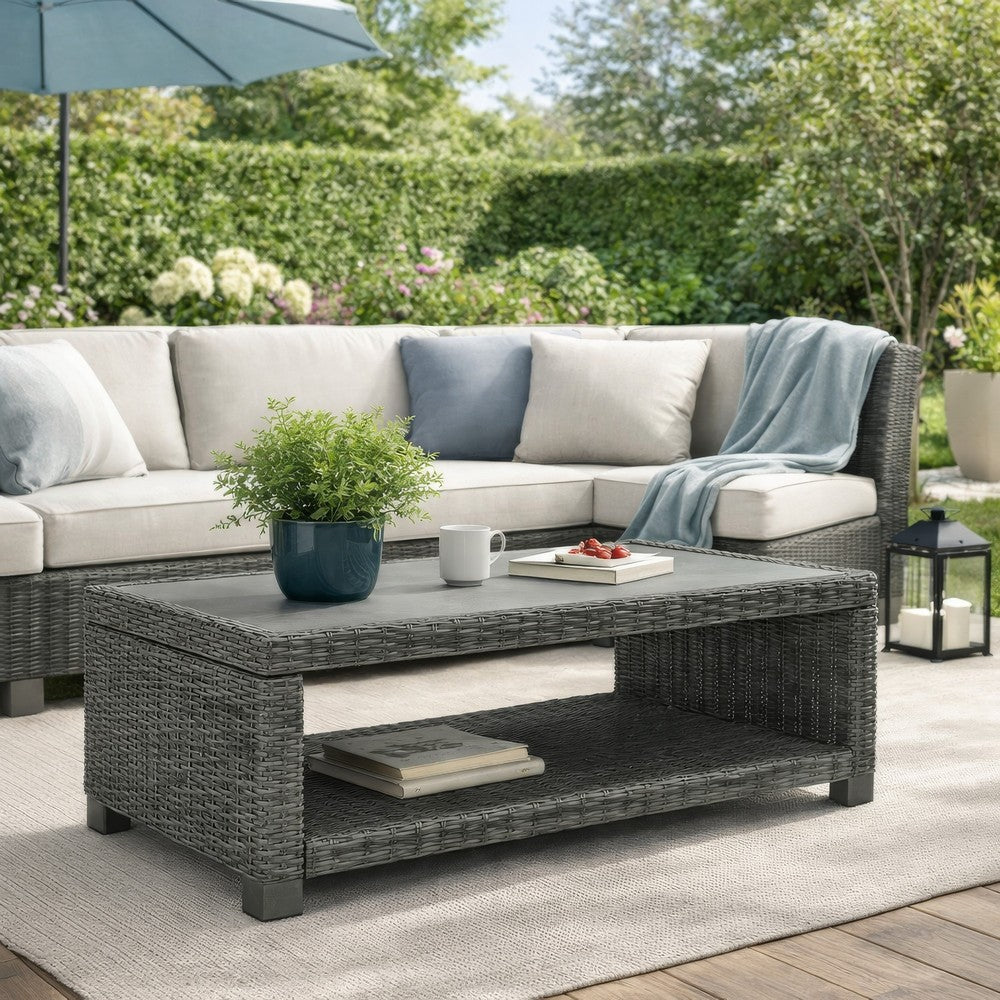 Benjara Ellie 50 Inch Outdoor Coffee Table, Lower Shelf, Gray Resin Wicker, Metal
