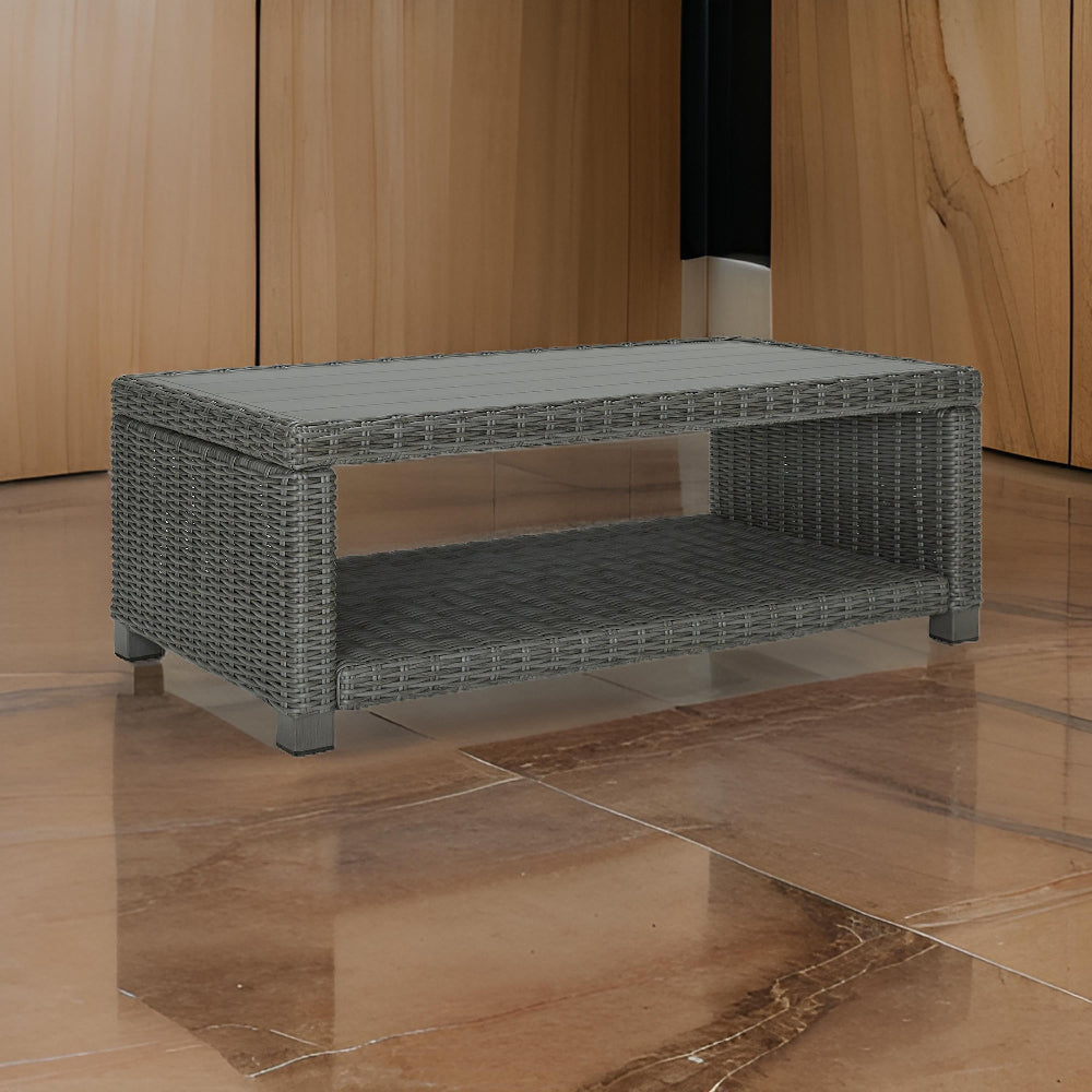Benjara Ellie 50 Inch Outdoor Coffee Table, Lower Shelf, Gray Resin Wicker, Metal
