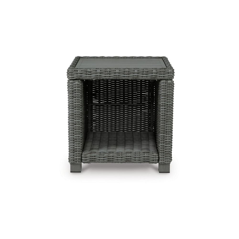 Benjara Ellie 23 Inch Outdoor End Table, Lower Shelf, Gray Resin Wicker, Metal