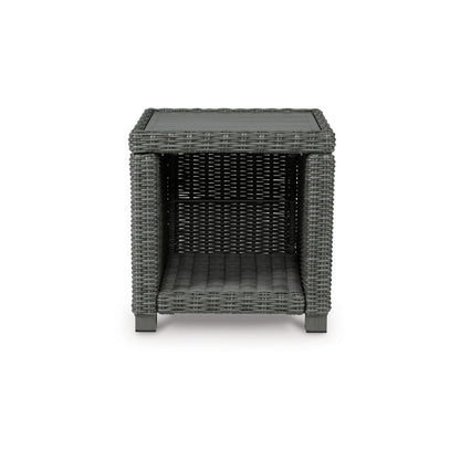 Benjara Ellie 23 Inch Outdoor End Table, Lower Shelf, Gray Resin Wicker, Metal