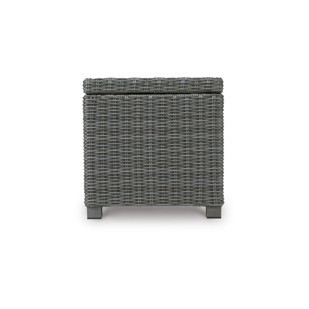 Benjara Ellie 23 Inch Outdoor End Table, Lower Shelf, Gray Resin Wicker, Metal