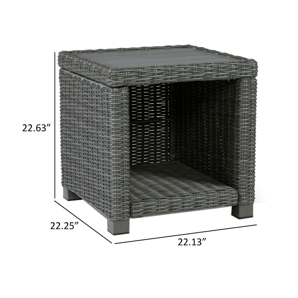Benjara Ellie 23 Inch Outdoor End Table, Lower Shelf, Gray Resin Wicker, Metal