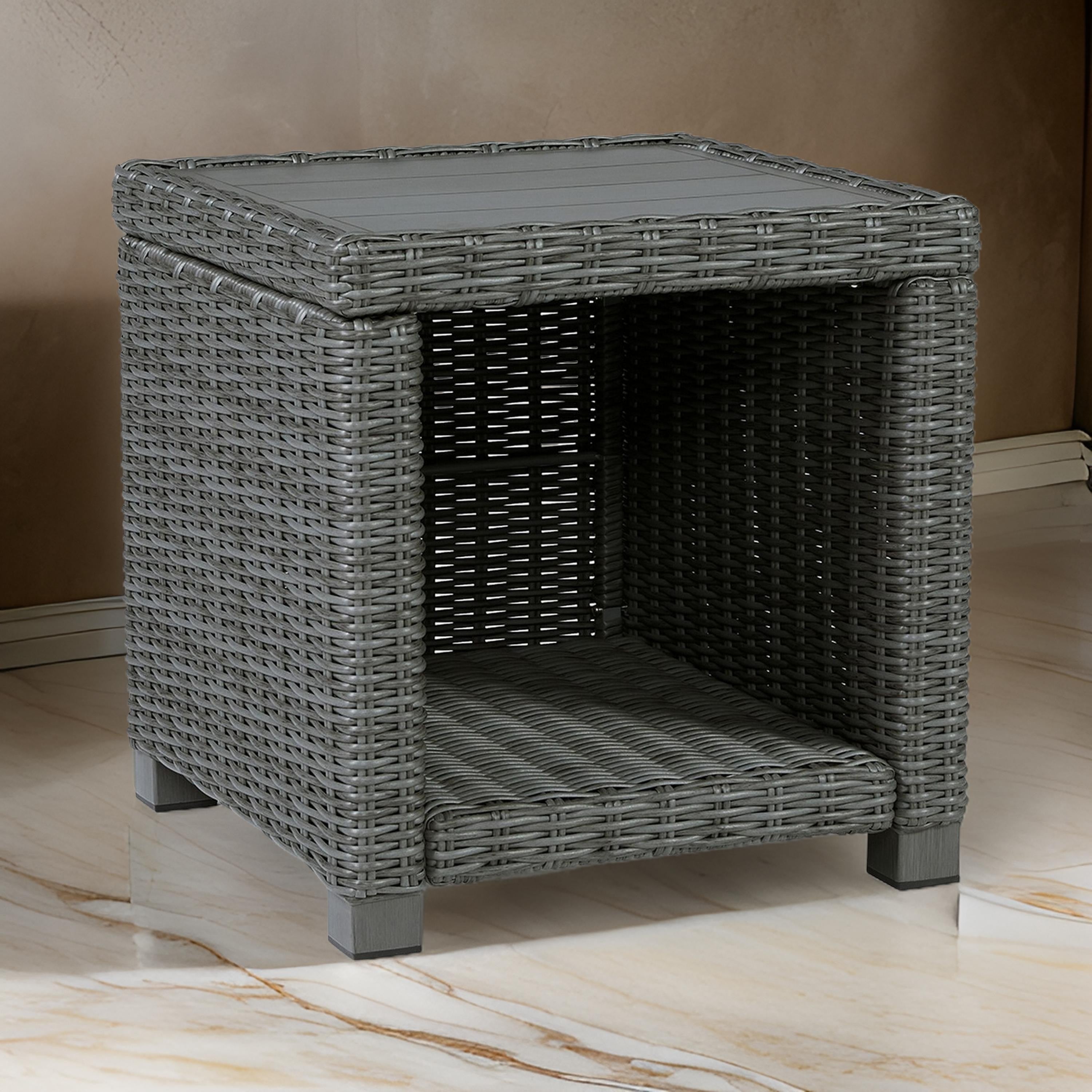 Benjara Ellie 23 Inch Outdoor End Table, Lower Shelf, Gray Resin Wicker, Metal