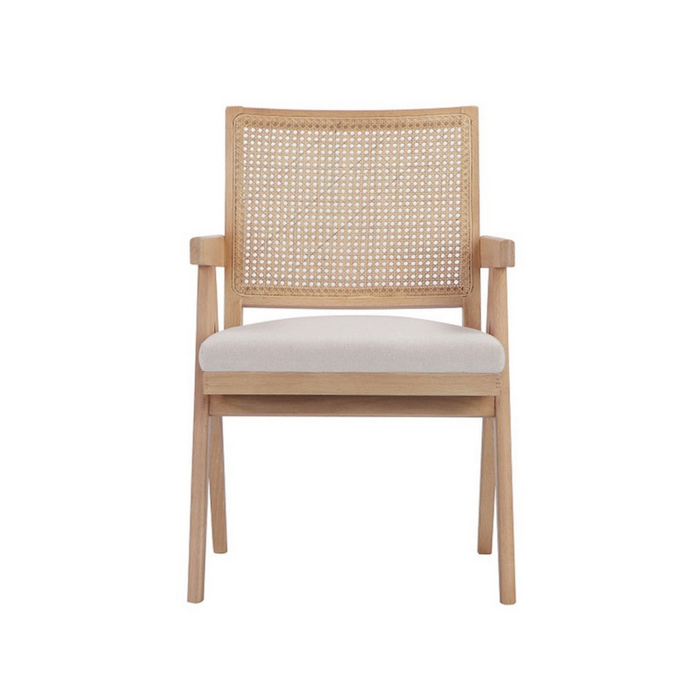 Benjara Isha 24 Inch Armchair with Cane Back, Off White Velvet, Brown Wood Frame