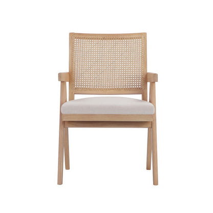 Benjara Isha 24 Inch Armchair with Cane Back, Off White Velvet, Brown Wood Frame