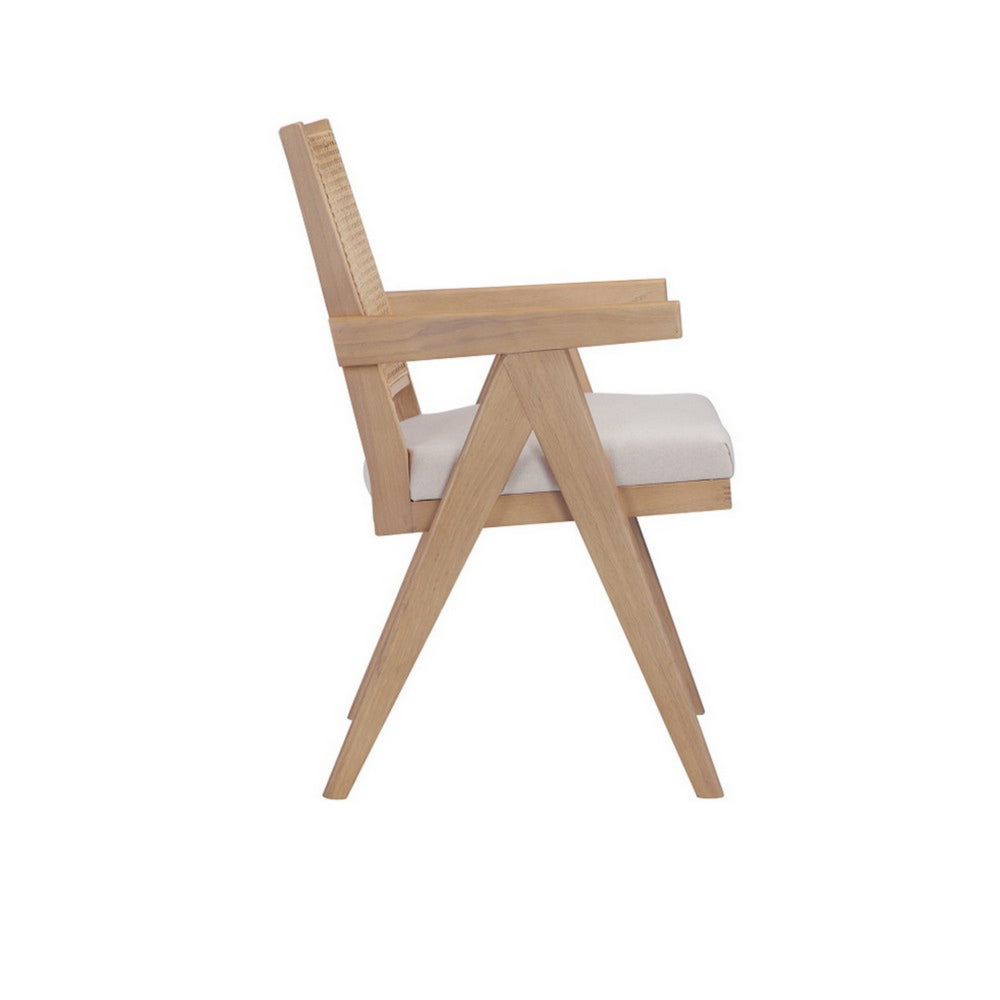 Benjara Isha 24 Inch Armchair with Cane Back, Off White Velvet, Brown Wood Frame
