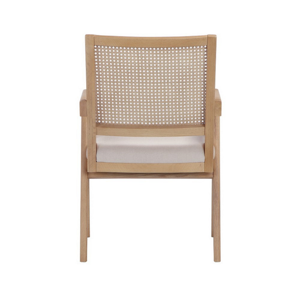 Benjara Isha 24 Inch Armchair with Cane Back, Off White Velvet, Brown Wood Frame