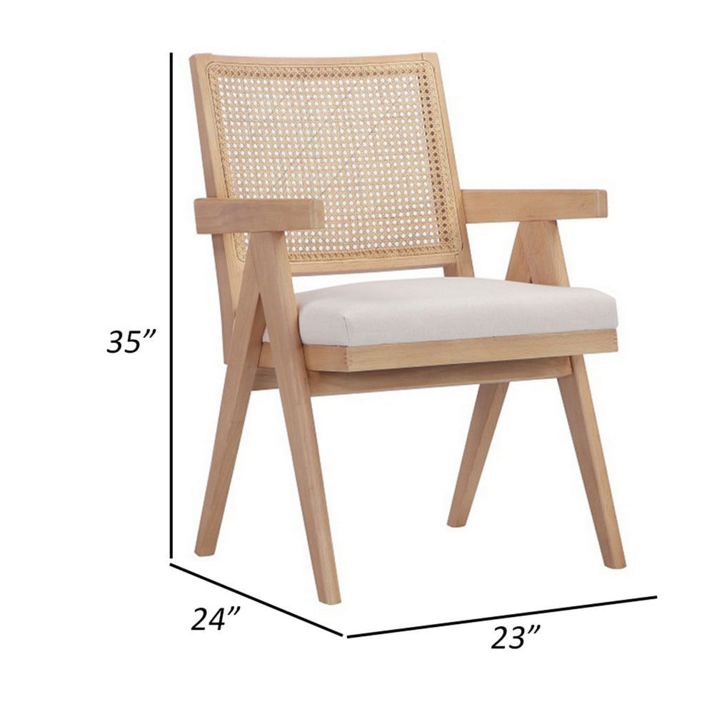 Benjara Isha 24 Inch Armchair with Cane Back, Off White Velvet, Brown Wood Frame