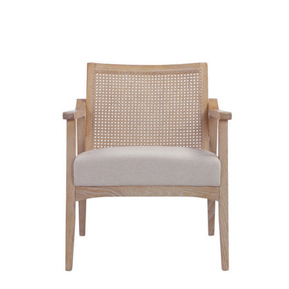 Benjara 28 Inch Lounge Armchair with Cane Back, Beige Polyester Boucle, Brown Frame