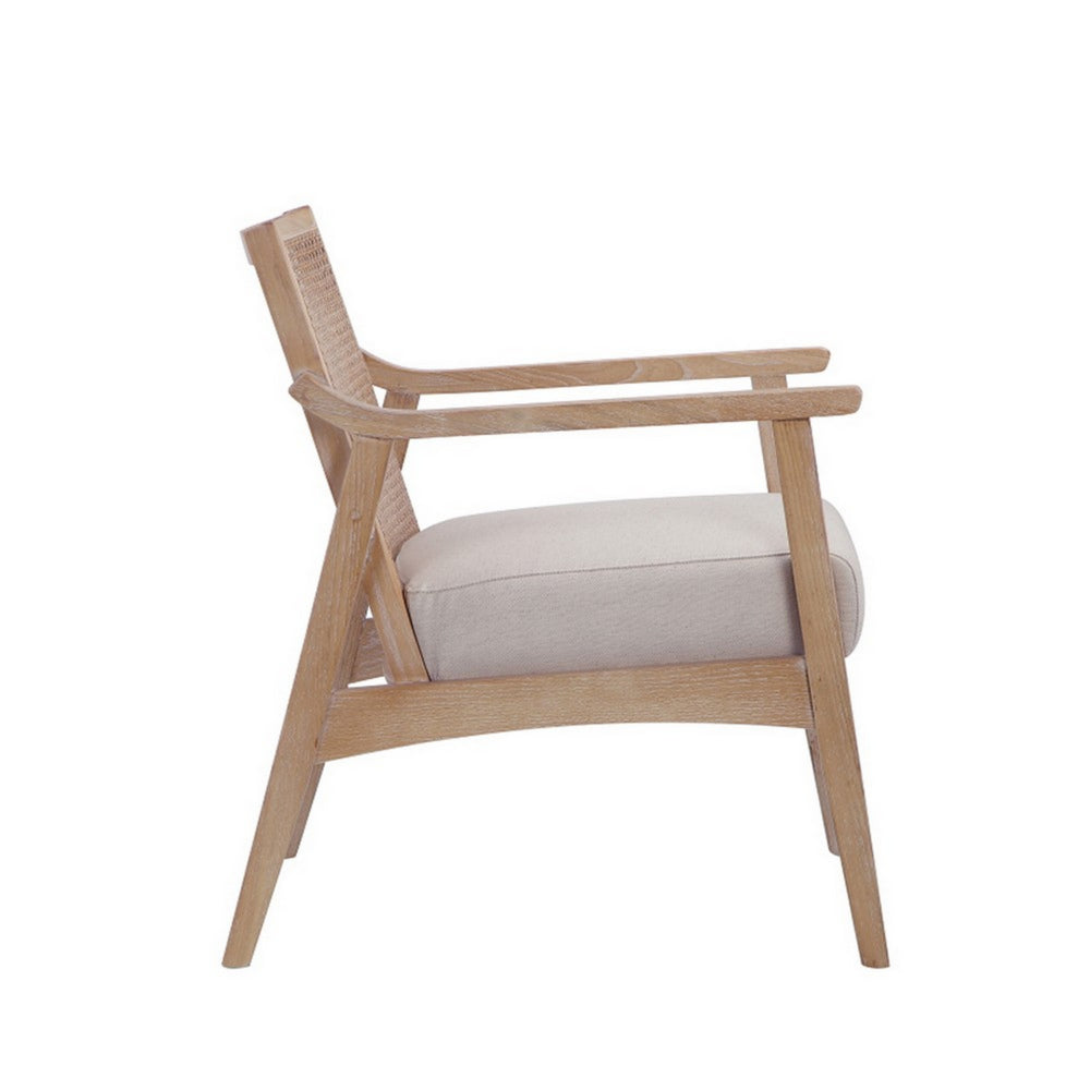 Benjara 28 Inch Lounge Armchair with Cane Back, Beige Polyester Boucle, Brown Frame