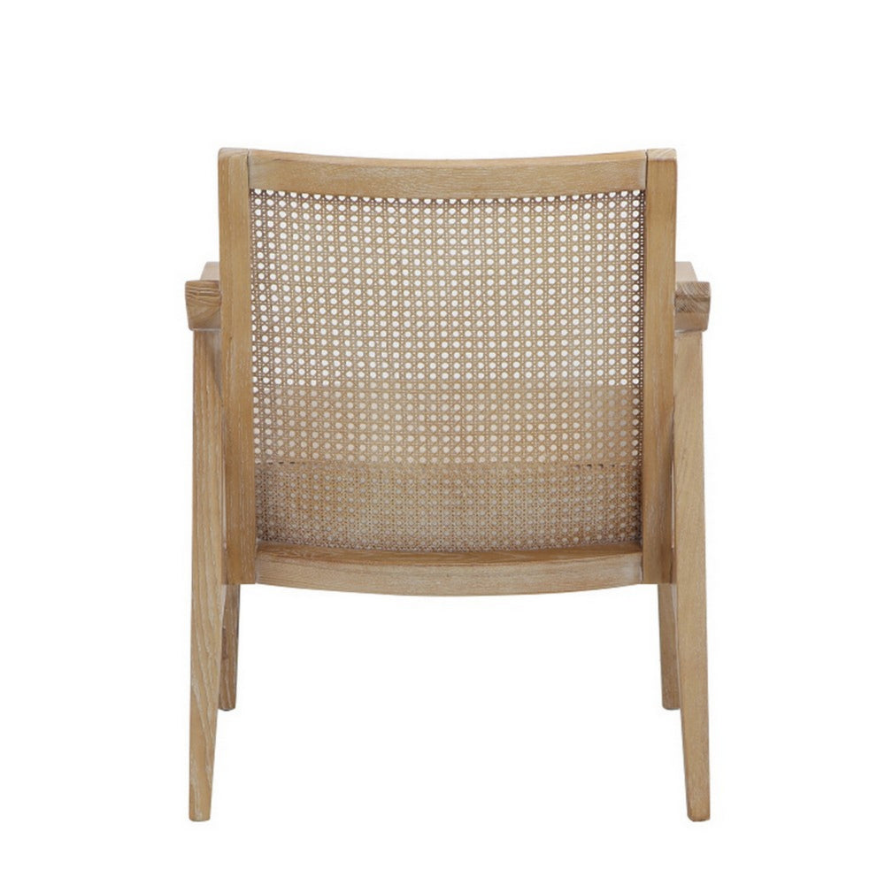 Benjara 28 Inch Lounge Armchair with Cane Back, Beige Polyester Boucle, Brown Frame