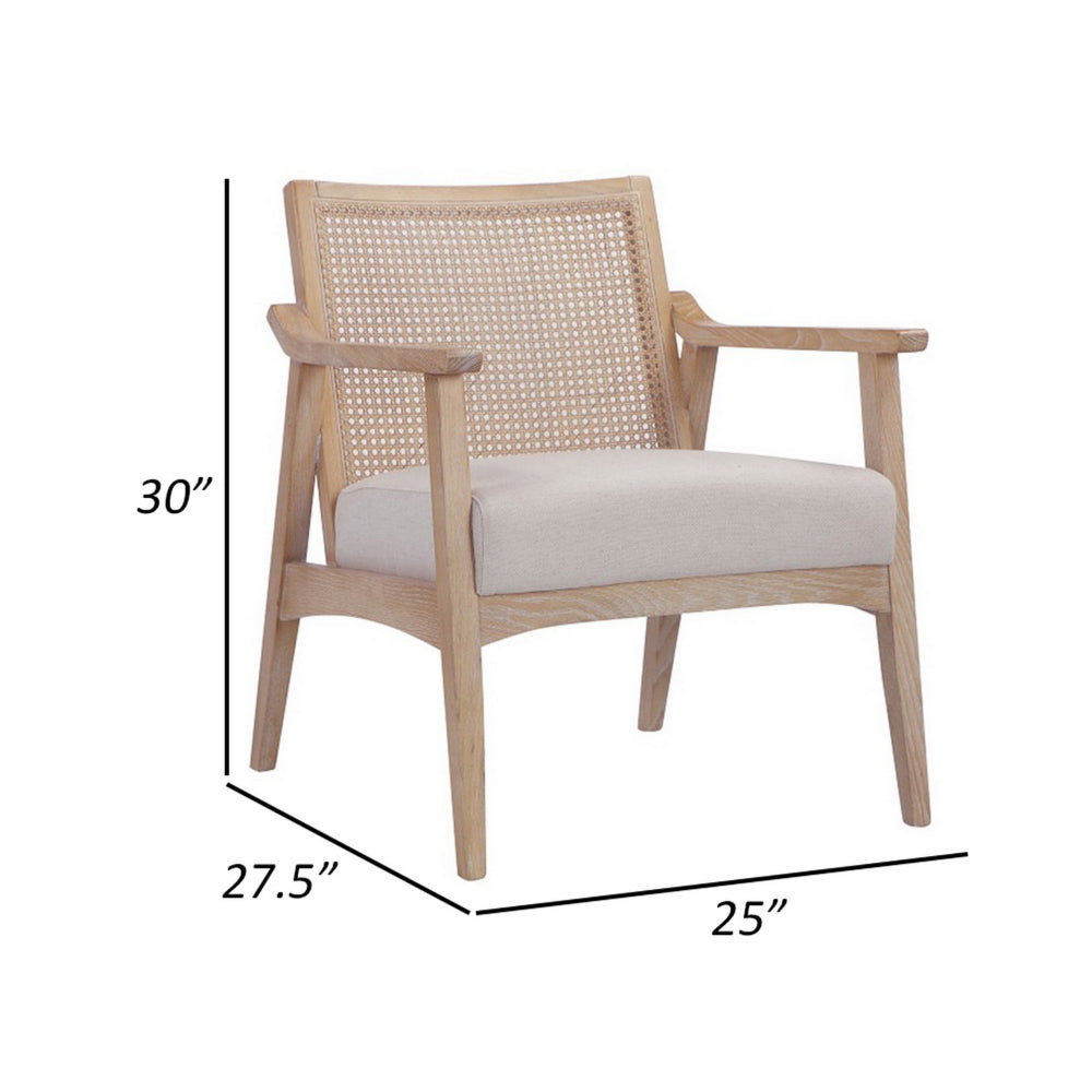 Benjara 28 Inch Lounge Armchair with Cane Back, Beige Polyester Boucle, Brown Frame