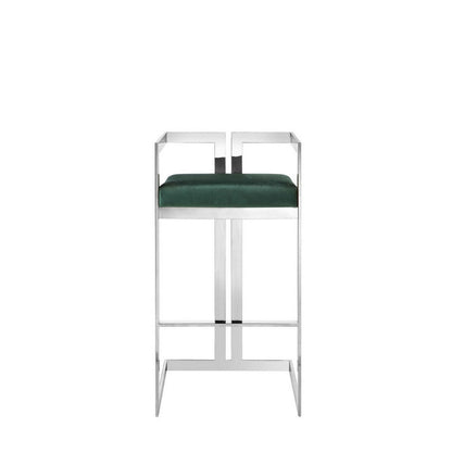 Benjara Suki 30 Inch Cantilever Barstool Chair, Foam, Green Velvet, Silver Frame