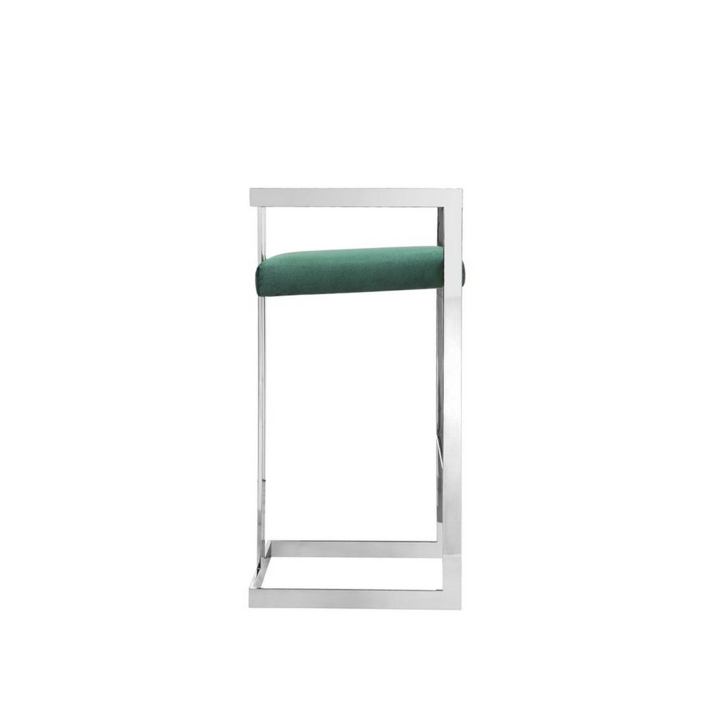 Benjara Suki 30 Inch Cantilever Barstool Chair, Foam, Green Velvet, Silver Frame
