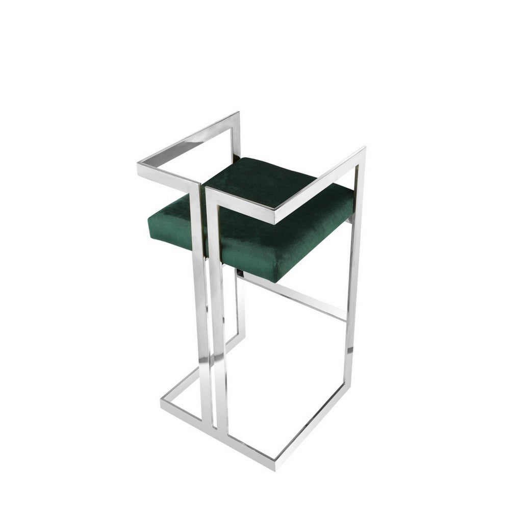 Benjara Suki 30 Inch Cantilever Barstool Chair, Foam, Green Velvet, Silver Frame