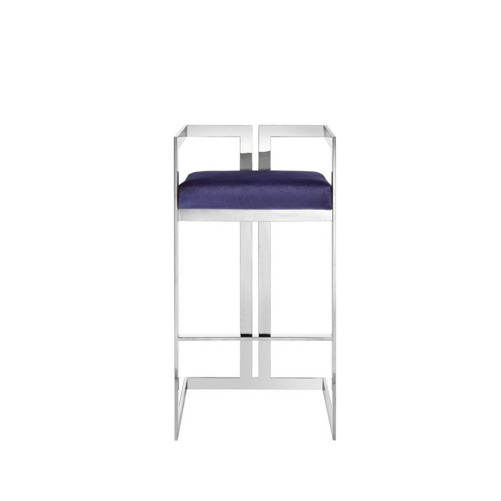 Benjara Suki 30 Inch Cantilever Barstool Chair, Foam Navy Blue Velvet, Silver Frame