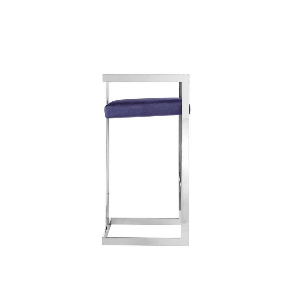 Benjara Suki 30 Inch Cantilever Barstool Chair, Foam Navy Blue Velvet, Silver Frame