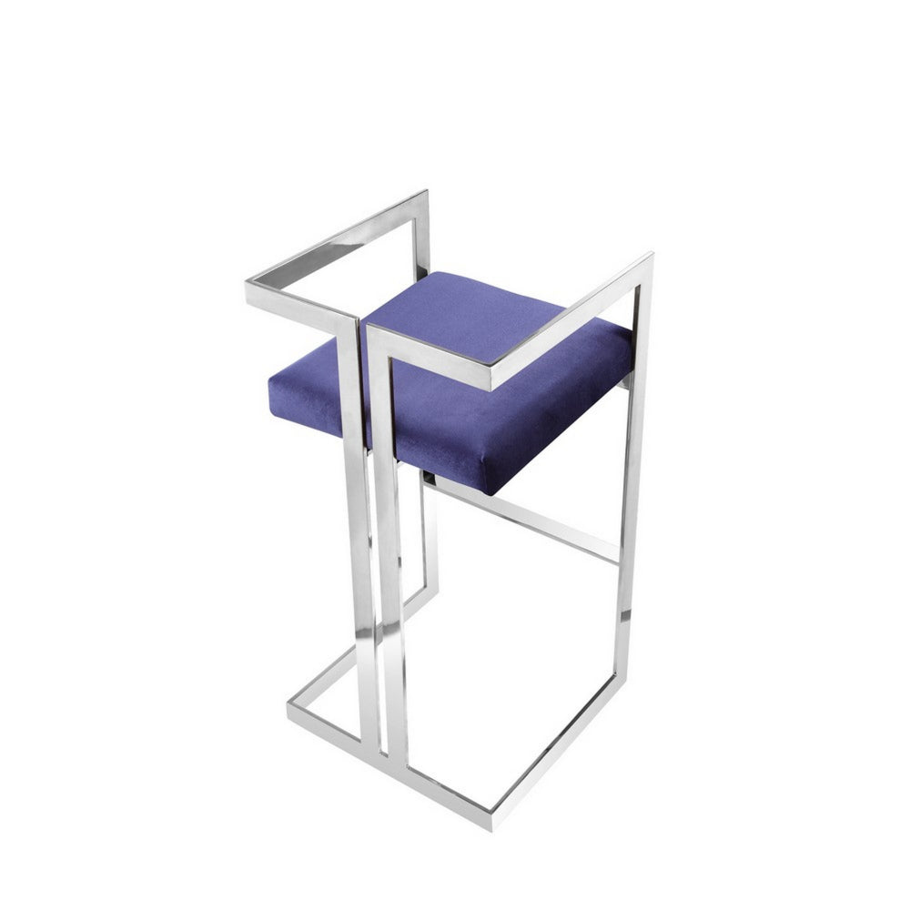 Benjara Suki 30 Inch Cantilever Barstool Chair, Foam Navy Blue Velvet, Silver Frame