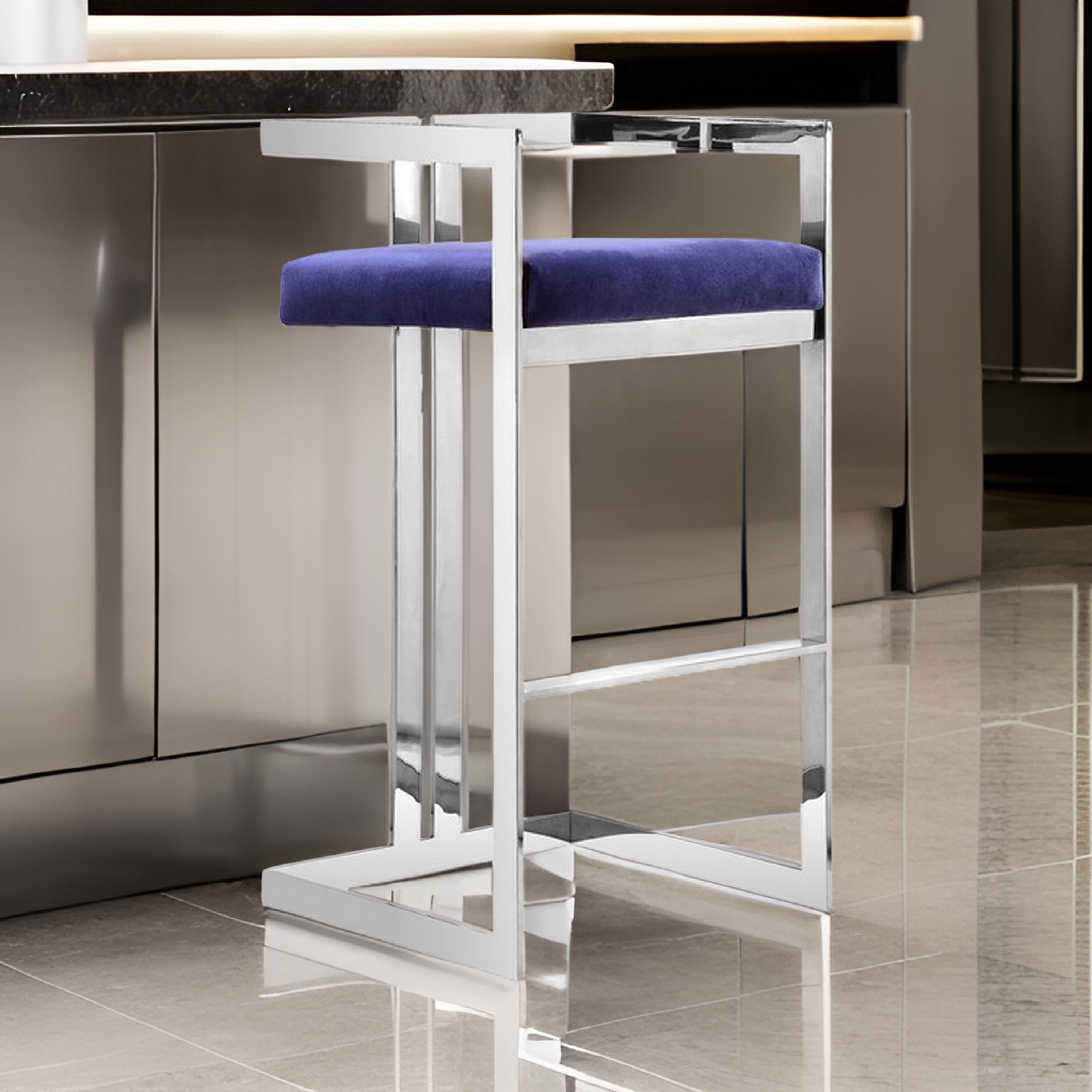 Benjara Suki 30 Inch Cantilever Barstool Chair, Foam Navy Blue Velvet, Silver Frame