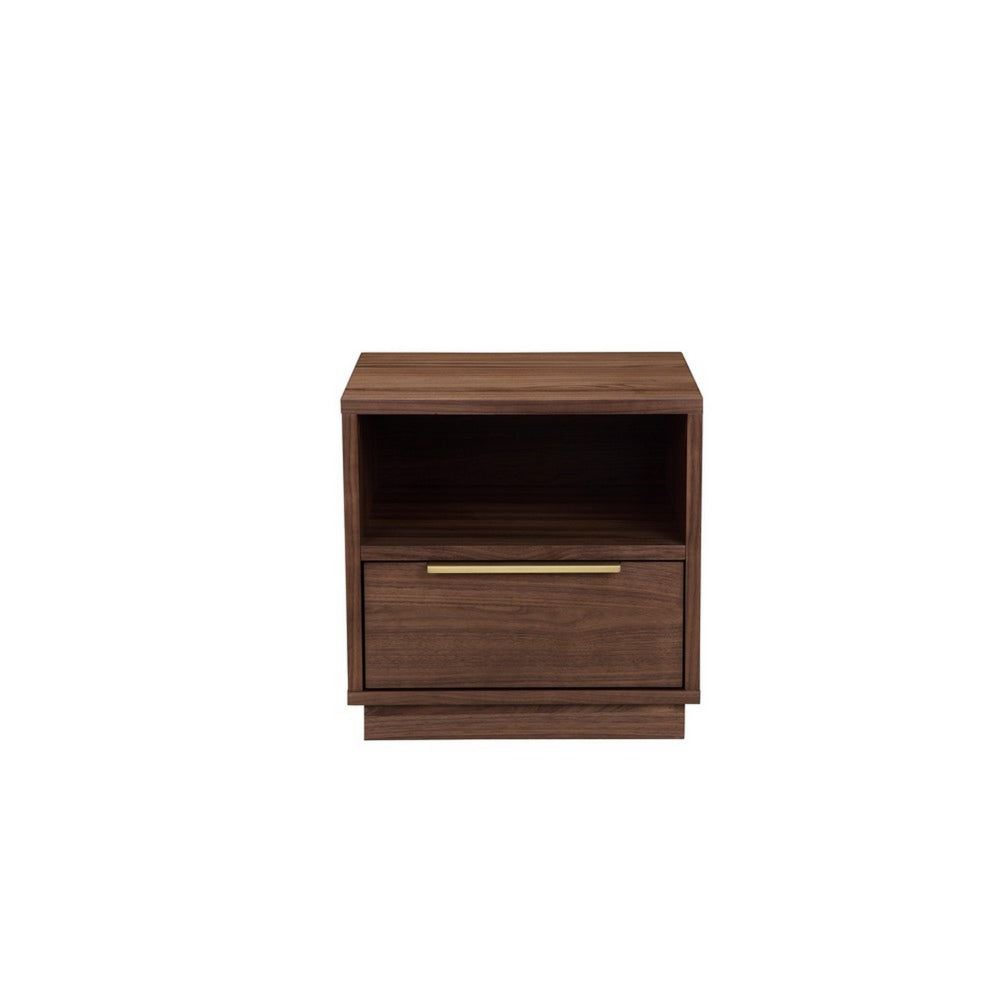 Benjara Tommy 18 Inch Nightstand, 1 Drawer with Handle, 1 Storage Cubby, Brown Gold