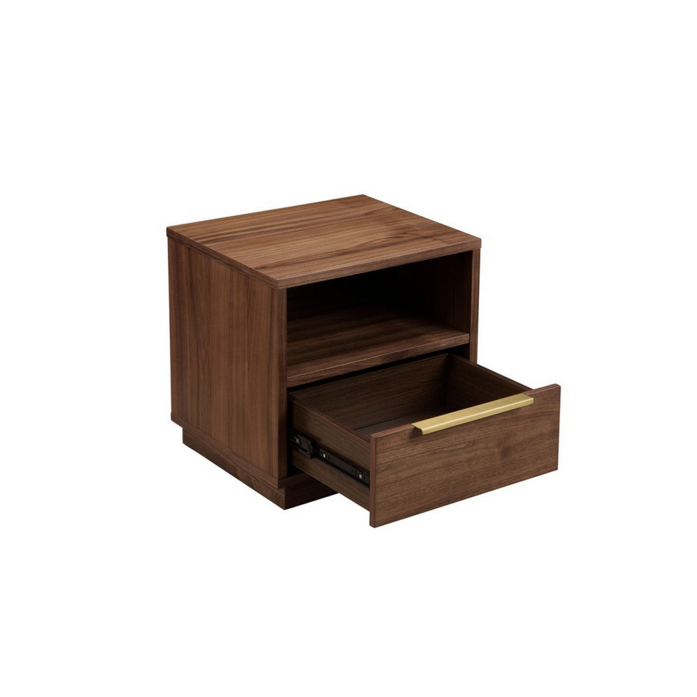 Benjara Tommy 18 Inch Nightstand, 1 Drawer with Handle, 1 Storage Cubby, Brown Gold