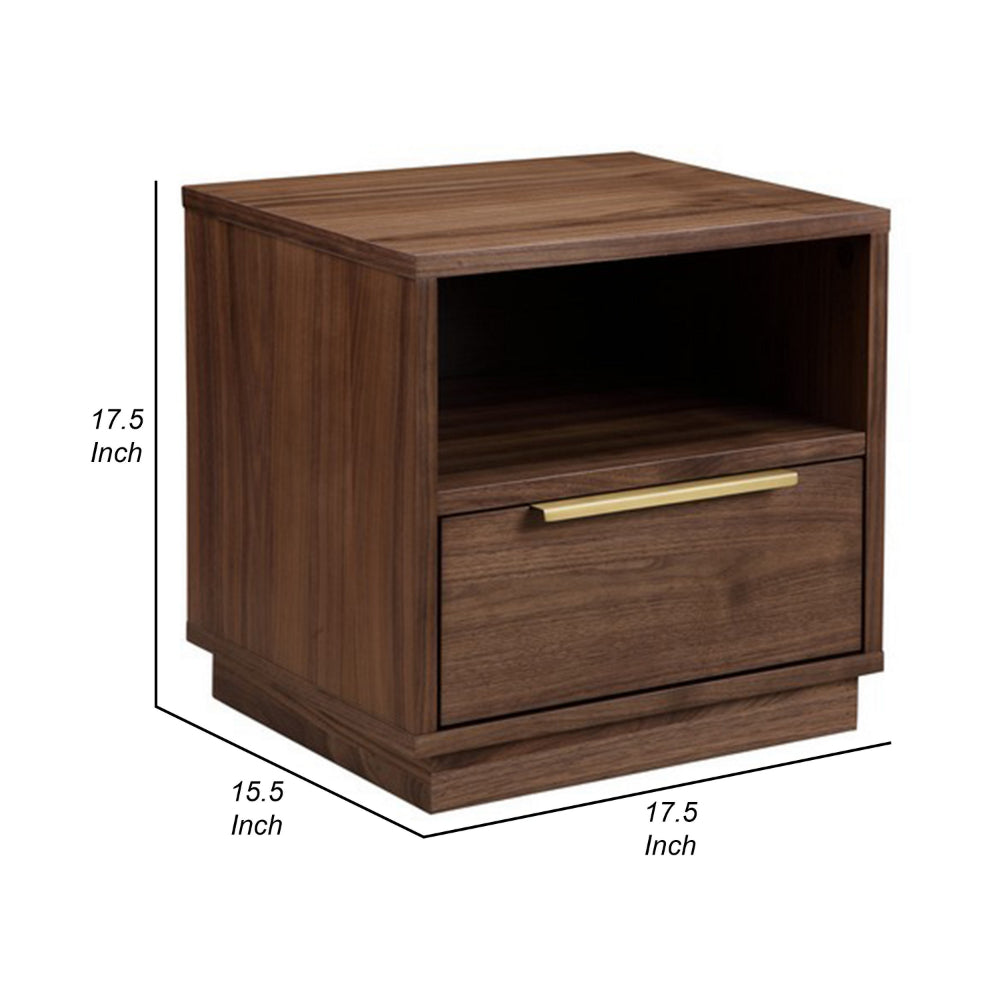 Benjara Tommy 18 Inch Nightstand, 1 Drawer with Handle, 1 Storage Cubby, Brown Gold