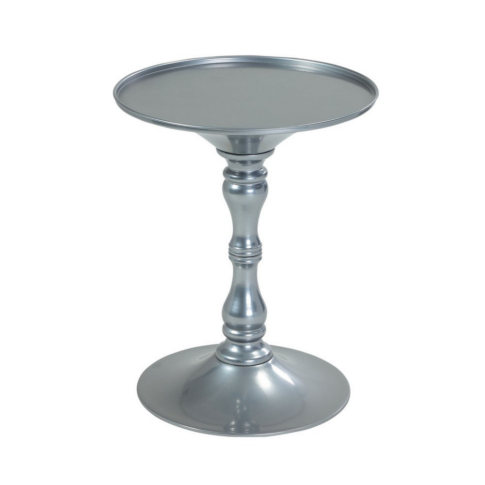 Benjara Wowi 23 Inch Side End Table, Round Hourglass Turned Base, Silver Finish