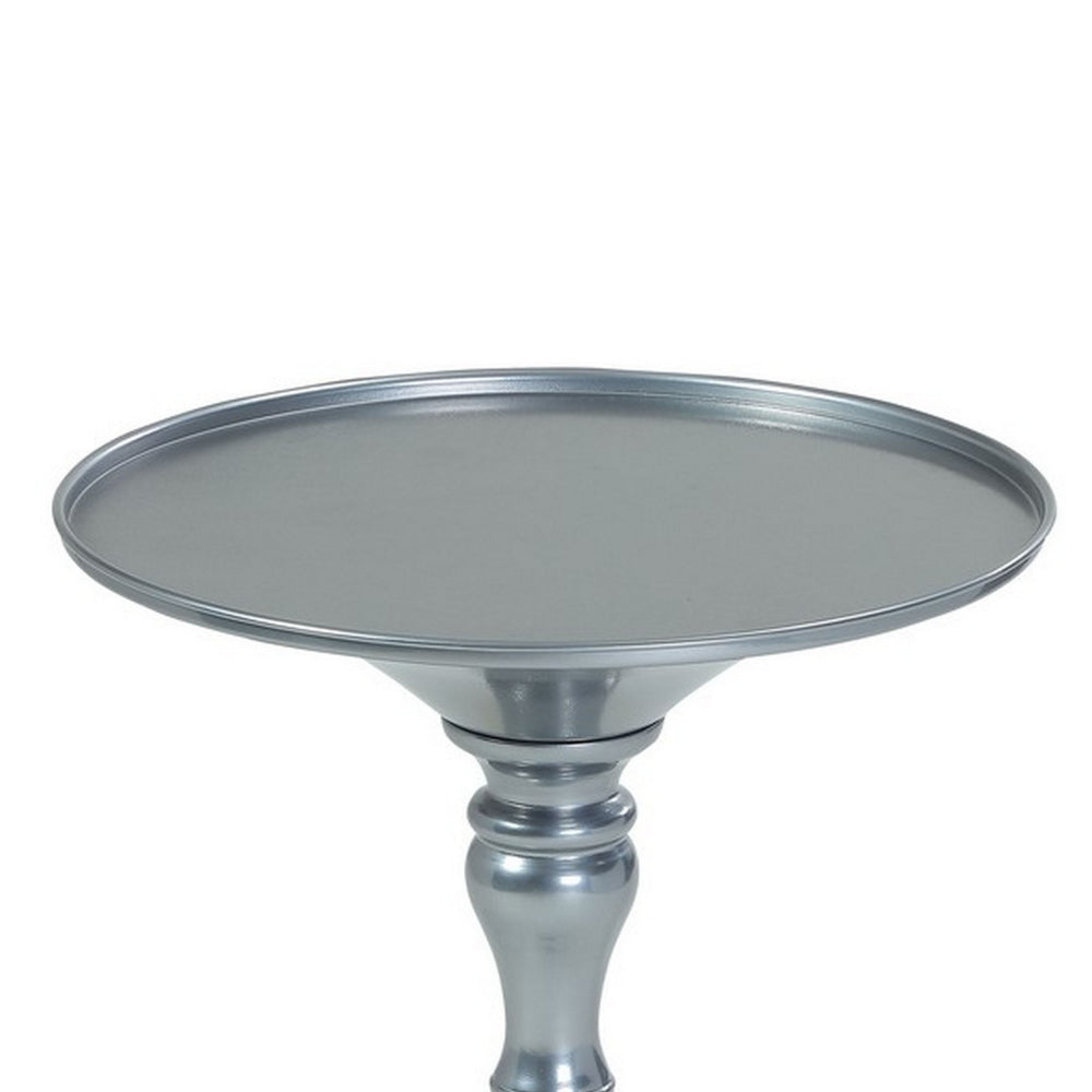 Benjara Wowi 23 Inch Side End Table, Round Hourglass Turned Base, Silver Finish