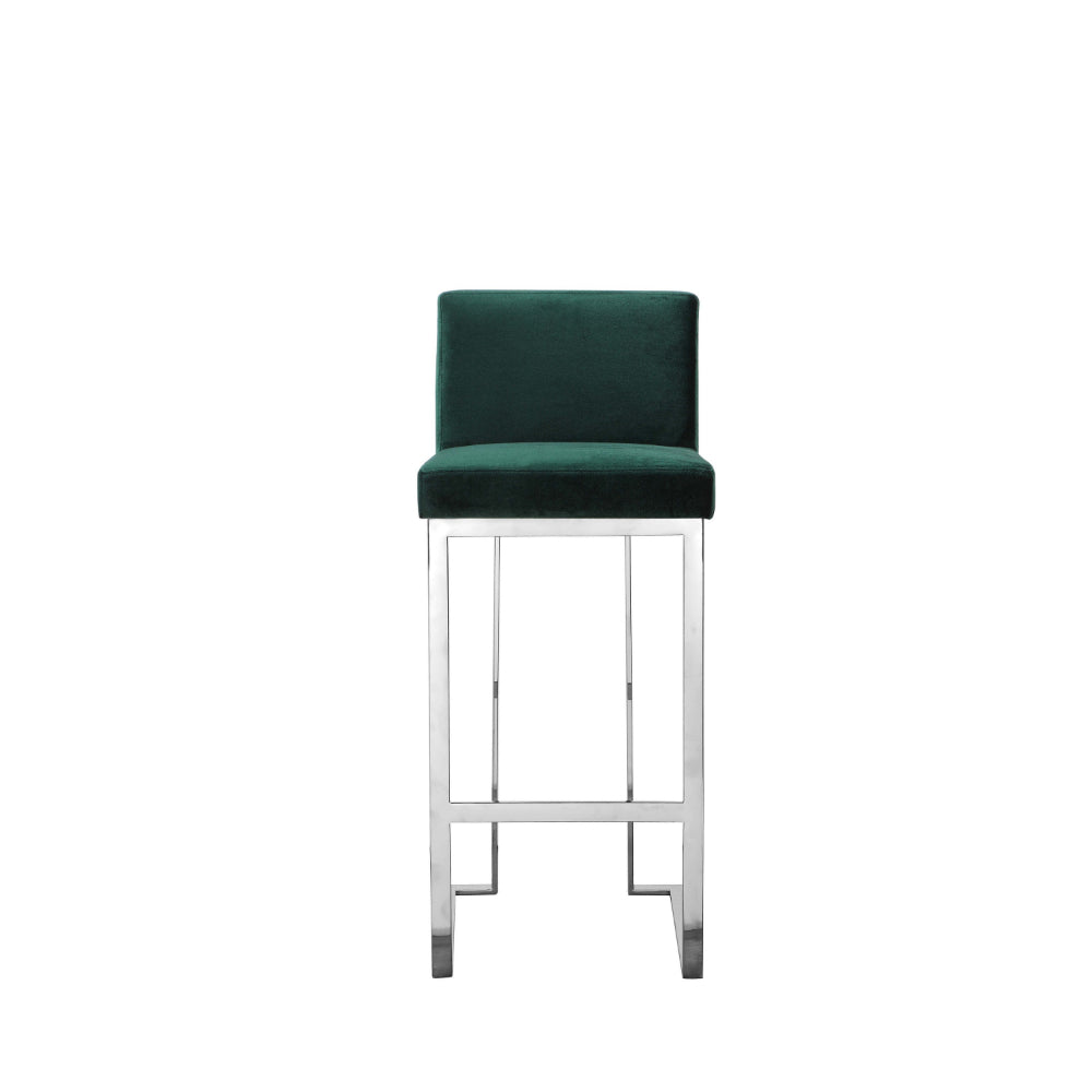 Benjara Boly 30 Inch Barstool Chair, Green Velvet Cushion, Silver Cantilever Base