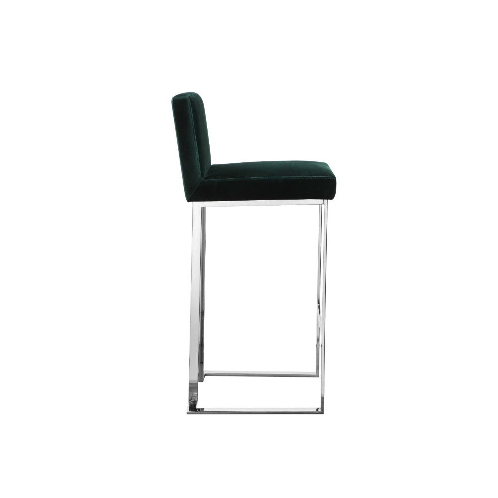 Benjara Boly 30 Inch Barstool Chair, Green Velvet Cushion, Silver Cantilever Base