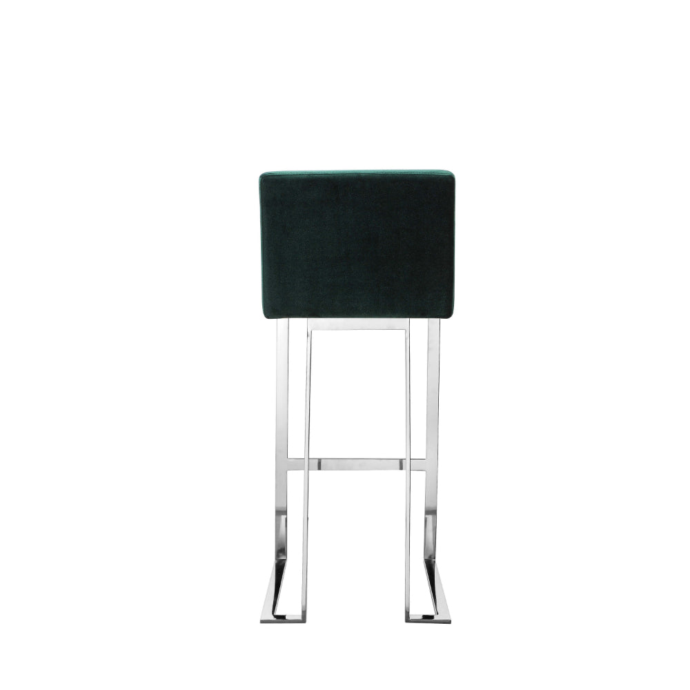 Benjara Boly 30 Inch Barstool Chair, Green Velvet Cushion, Silver Cantilever Base