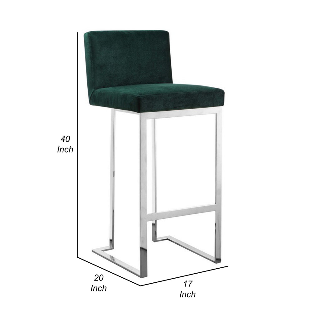 Benjara Boly 30 Inch Barstool Chair, Green Velvet Cushion, Silver Cantilever Base