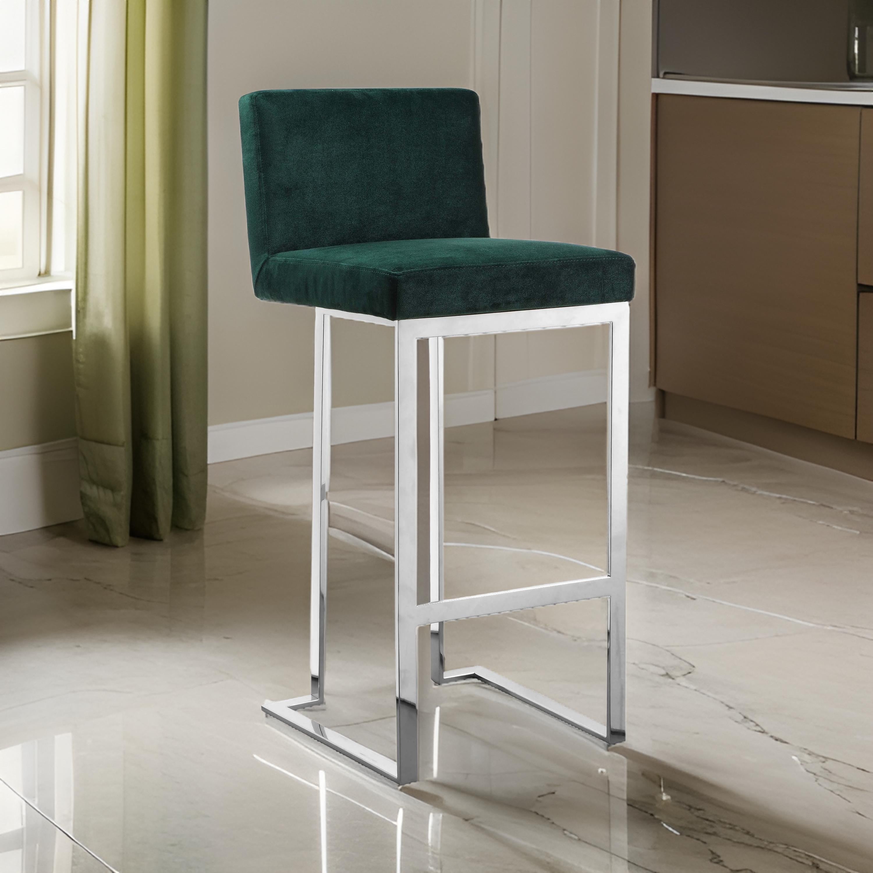 Benjara Boly 30 Inch Barstool Chair, Green Velvet Cushion, Silver Cantilever Base