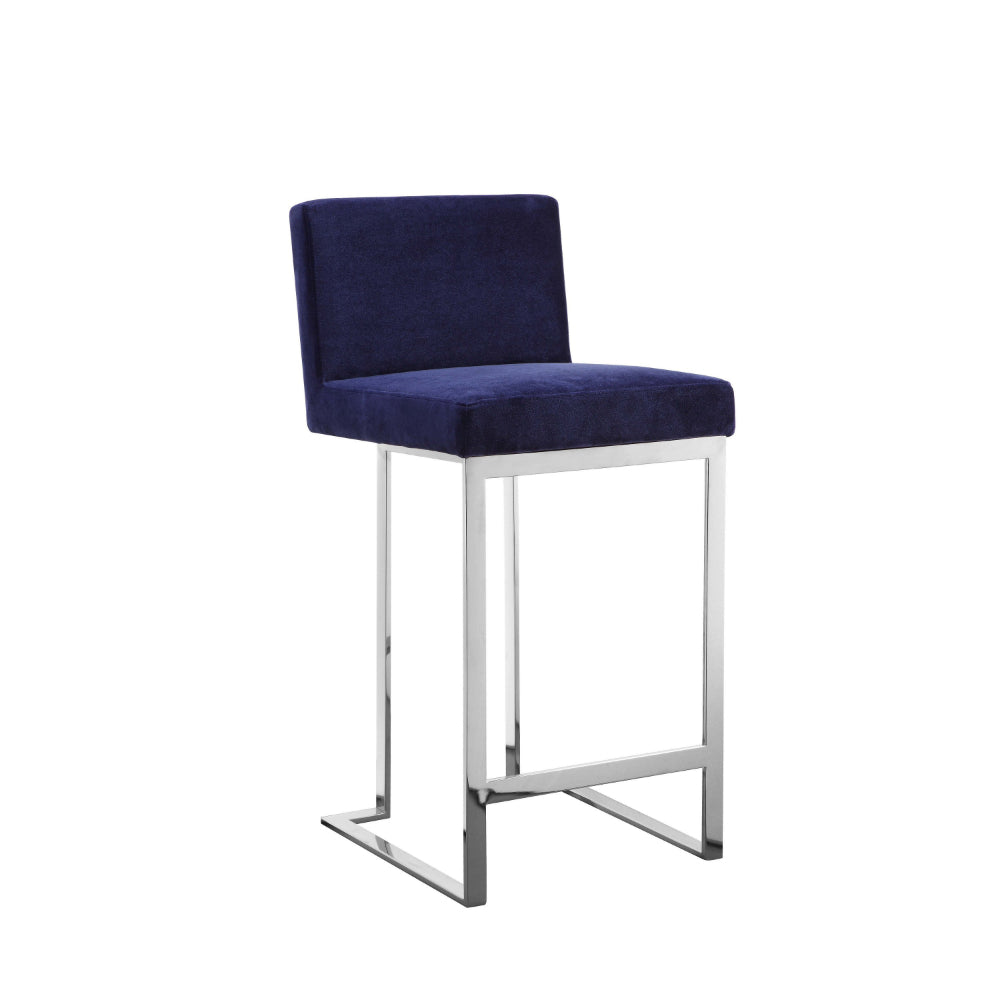 Benjara Boly 26 Inch Counter Stool Chair, Blue Velvet, Silver Cantilever Base