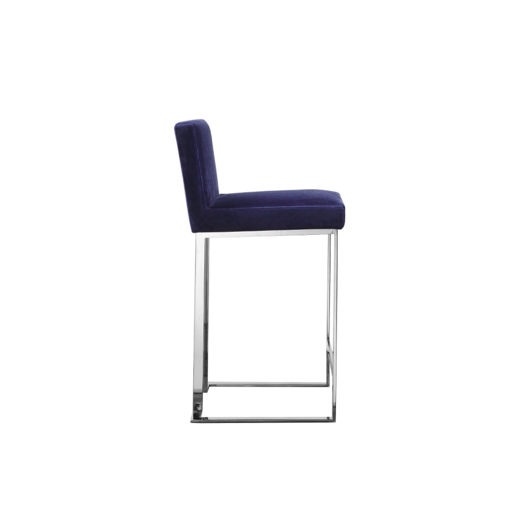 Benjara Boly 26 Inch Counter Stool Chair, Blue Velvet, Silver Cantilever Base