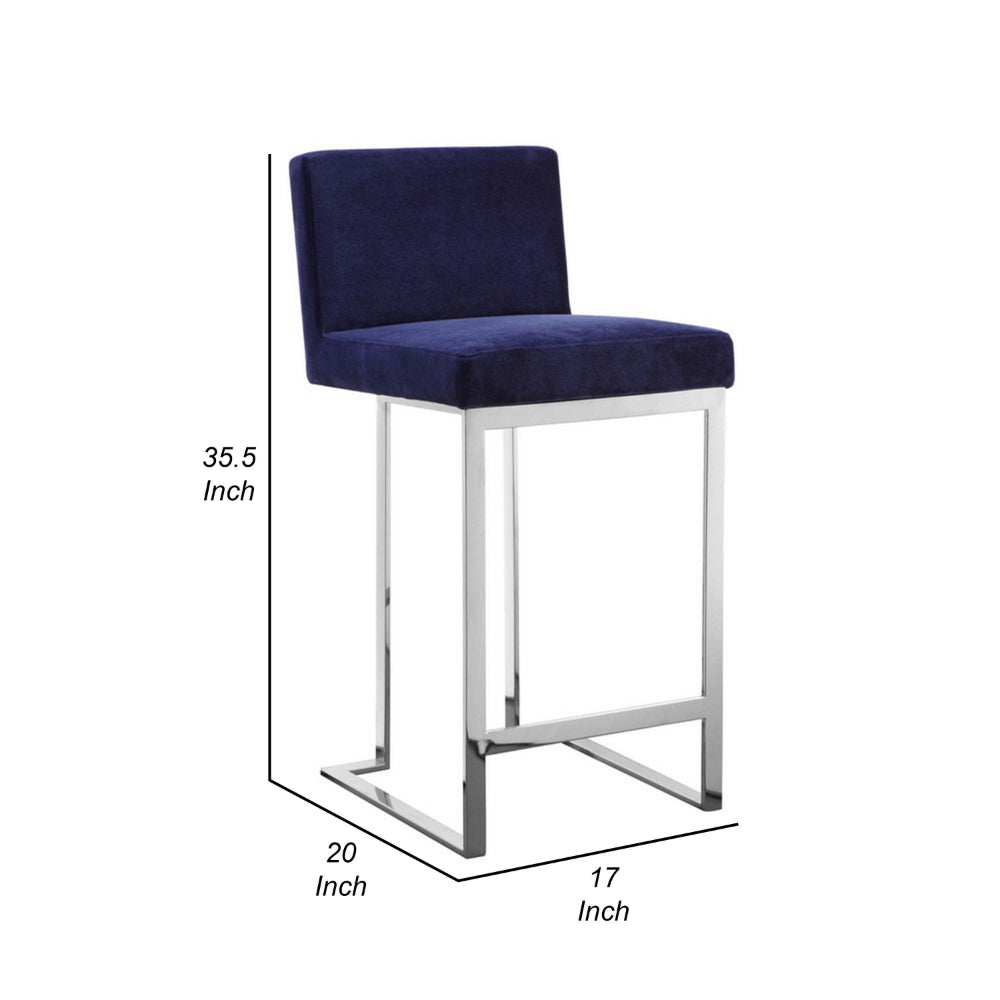 Benjara Boly 26 Inch Counter Stool Chair, Blue Velvet, Silver Cantilever Base